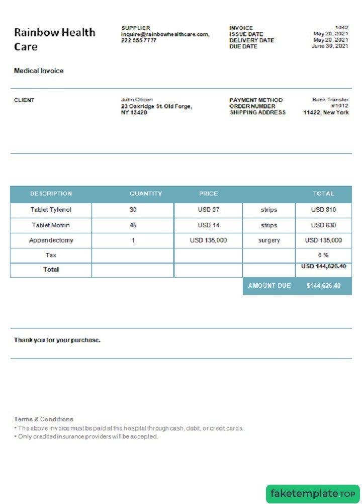 Feature of fake USA Rainbow Health Care invoice example